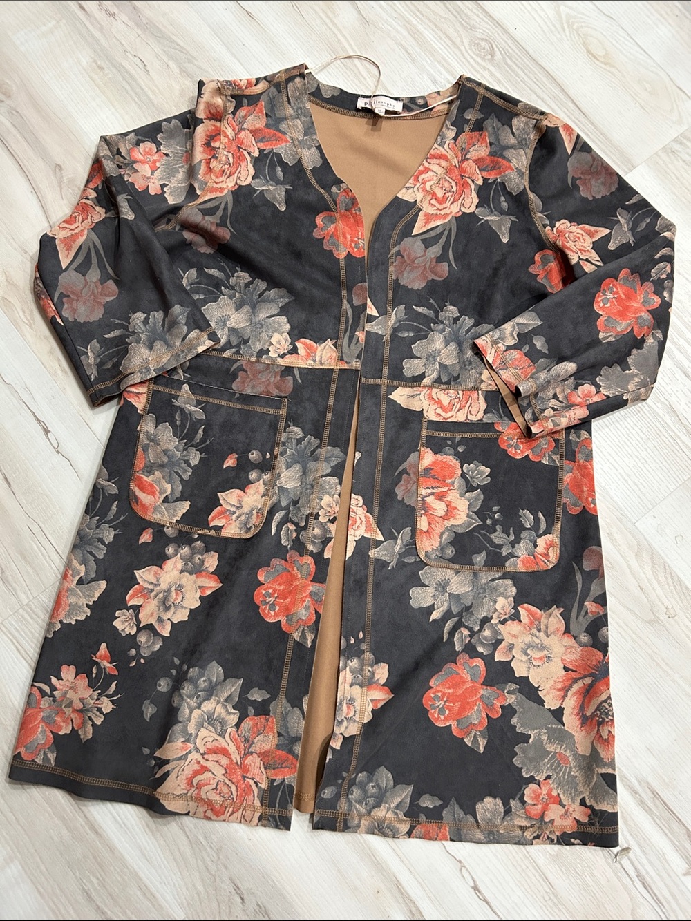 Philosophy Black Trench Coat with Coral and Cream Floral Print